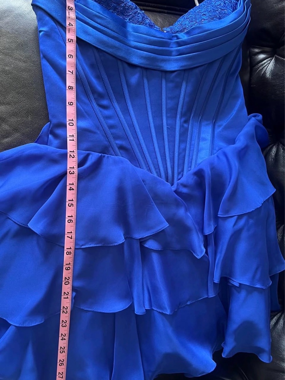 Sherri Hill Royal Blue Tiered Party Dress with Lace Bodice - Picture 2 of 5
